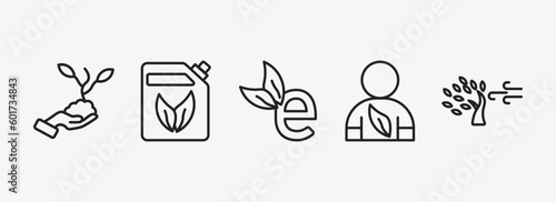 ecology outline icons set. ecology icons such as plant on a hand, bio fuel, eco e, eco volunteer, wind bending tree vector. can be used web and mobile.
