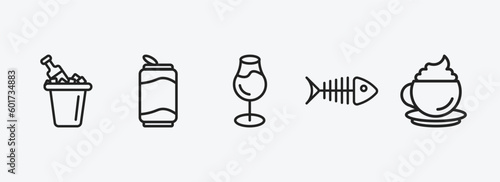 drinks outline icons set. drinks icons such as ice bucket and bottle, soda can, glass with wine, fish skeleton, cappuccino vector. can be used web and mobile.