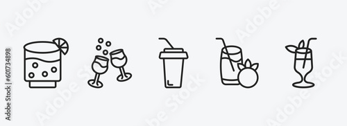 drinks outline icons set. drinks icons such as lime rickey drink, glasses with wine, soft drink, tomato juice, tropical itch vector. can be used web and mobile.