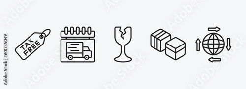 delivery and logistic outline icons set. delivery and logistic icons such as tax free, delivery day, fragile, boxes, distribution vector. can be used web and mobile.