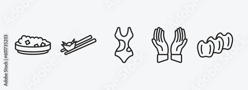 culture outline icons set. culture icons such as sweet and sour pork, wontons, female bikini piece, islamic prayer, ajotomate vector. can be used web and mobile.