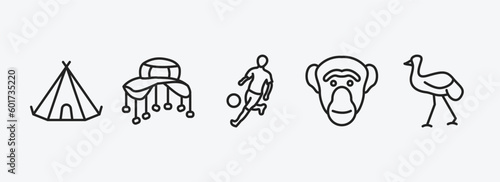 culture outline icons set. culture icons such as native american wigwam, cork hat, brazil soccer player, chimp face of brazil, australian emu vector. can be used web and mobile.