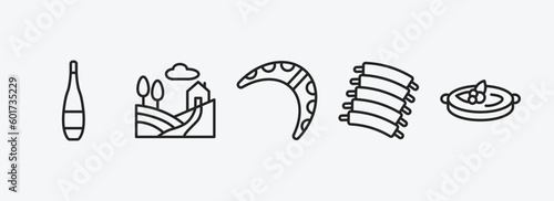culture outline icons set. culture icons such as orujo, tuscany, australian boomerang, pork ribs, crema catalana vector. can be used web and mobile.