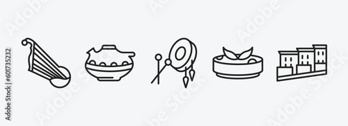 culture outline icons set. culture icons such as kankles, native american pot, native american drum, gazpacho, bo kaap vector. can be used web and mobile.