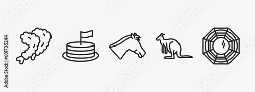 cultures outline icons set. cultures icons such as fried shrimp, cake with a flag, horse head, australian kangaroo, pa kua mirror vector. can be used web and mobile.