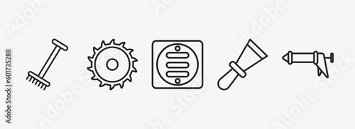 construction and tools outline icons set. construction and tools icons such as gardening rake, blade saw, drain, scratcher tool, caulk gun vector. can be used web and mobile.