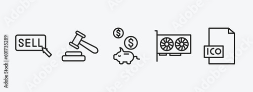 blockchain outline icons set. blockchain icons such as sell, auction hammer, piggy bank, video card, ico vector. can be used web and mobile.
