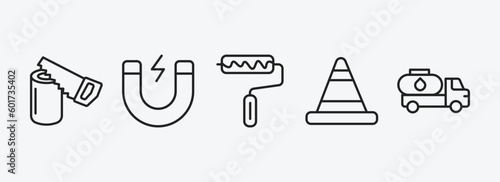 construction outline icons set. construction icons such as wood saw, inclined magnet, roller and paint, road stopper, fuel truck vector. can be used web and mobile.