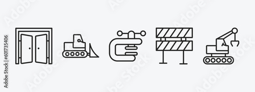construction outline icons set. construction icons such as doors open, bulldozer, vise, barrier, derrick with tong vector. can be used web and mobile.