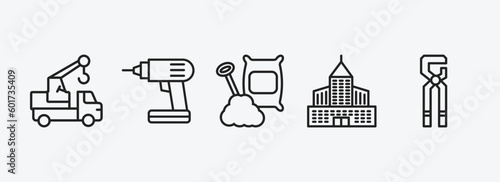 construction outline icons set. construction icons such as truck with crane, electric drill, cement, big building, big clippers vector. can be used web and mobile.