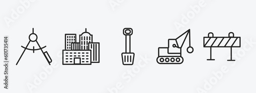 construction outline icons set. construction icons such as drawing compass, , inclined shovel, demolition, road barrier vector. can be used web and mobile.