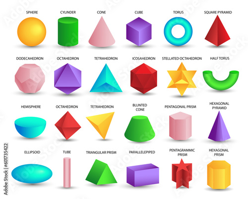 Vector realistic 3D blue geometric shapes isolated on white background. Maths geometrical figure form, realistic shapes model. Platon solid. Geometric shapes icons for education, business, design.
