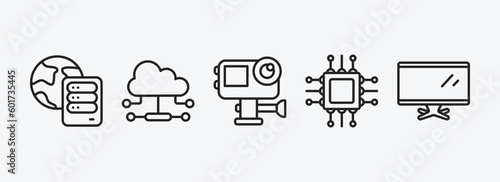 computer outline icons set. computer icons such as internet server, cloud network, action camera, computer micro chip, tv screen vector. can be used web and mobile. photo