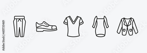 clothes outline icons set. clothes icons such as pegged pants, leather shoes, v neck shirt, long sleeveless dress, blazer vector. can be used web and mobile.
