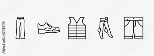 clothes outline icons set. clothes icons such as flare pants, leather derby shoe, padded vest, women socks, chino shorts vector. can be used web and mobile.