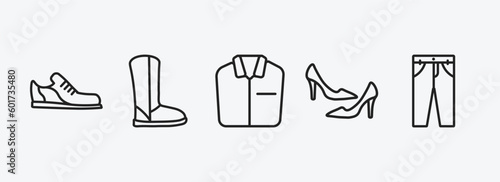 clothes outline icons set. clothes icons such as shoes, wool boots, formal shirt, high heel, chi pants vector. can be used web and mobile.