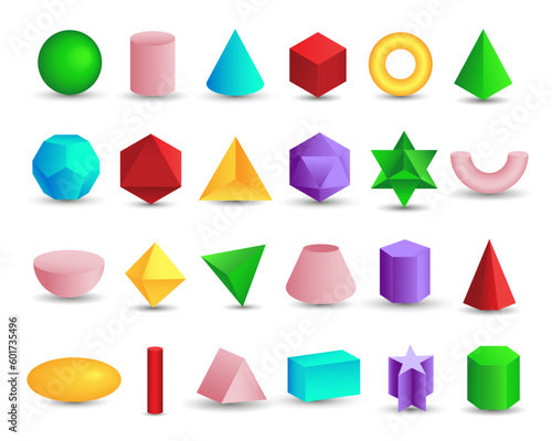 Vector realistic 3D colorful geometric shapes isolated on white background. Maths geometrical figure form, realistic shapes model. Platon solid. Geometric shapes icons for education, business, design.