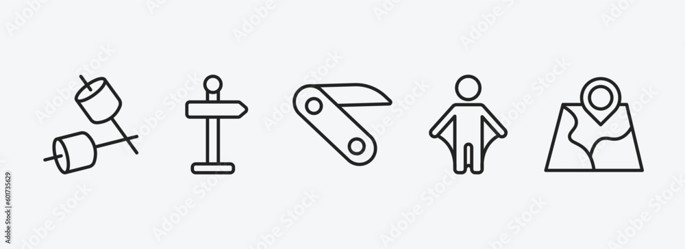 camping outline icons set. camping icons such as marshmallow, direction, pocket knife, wingsuit, map vector. can be used web and mobile. camping outline icons set. camping icons such as marshmallow, direction, pocket knife, wingsuit, map vector. can be used web and mobile.