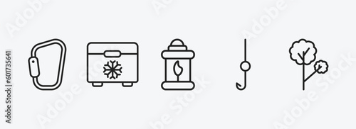 camping outline icons set. camping icons such as carabiner, freezer, fire lamp, hook, tree vector. can be used web and mobile.
