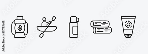camping outline icons set. camping icons such as lamp, rafting, thermo, firewood, sun lotion vector. can be used web and mobile.