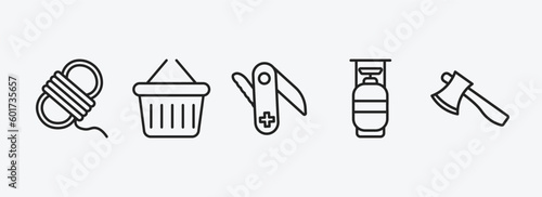 camping outline icons set. camping icons such as rope, basket, swiss army knife, cooking gas, axe vector. can be used web and mobile.