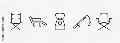 camping outline icons set. camping icons such as folding chair, deck chair, toilet, fishing rod, chair vector. can be used web and mobile.