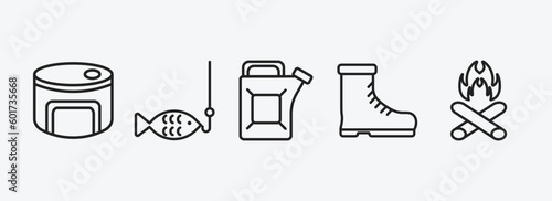 camping outline icons set. camping icons such as canned food, fishing, gasoline, boots shoes, campfire vector. can be used web and mobile.