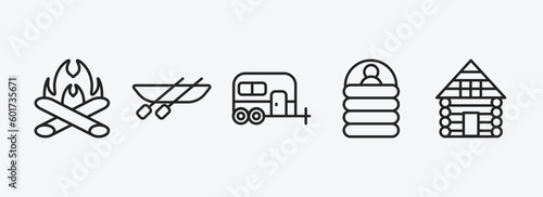 camping outline icons set. camping icons such as bonfire, canoe, caravan, sleeping bag, cabin vector. can be used web and mobile.