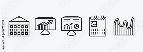 business and analytics outline icons set. business and analytics icons such as monthly wall calendar, data analytics, hash rate, wall calendar, wave chart vector. can be used web and mobile.