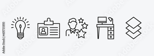 business outline icons set. business icons such as round light bulb, journalist id card, expert, work table, stack vector. can be used web and mobile.