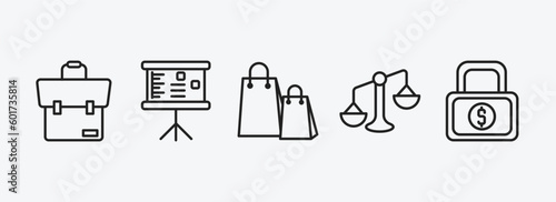 business outline icons set. business icons such as briefcase, graphic panel, shopping bags, punishment, safe money vector. can be used web and mobile.