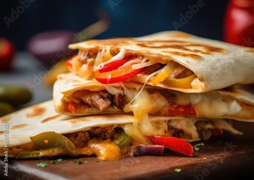 quesadilla with grilled peppers and onions in the background
