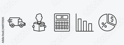 business outline icons set. business icons such as logistic, reader, tax calculate, bars chart, pie chart with dollar vector. can be used web and mobile.