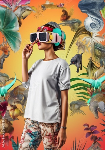 woman travel technology reality abstract digital girl glasses virtual future vr. Generative AI.