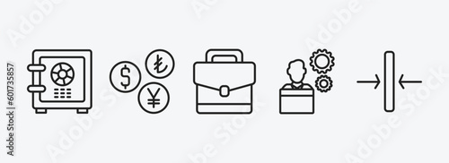business collection. outline icons set. business collection. icons such as big safe, currencies, business briefcase, employee going to work, thin vector. can be used web and mobile.