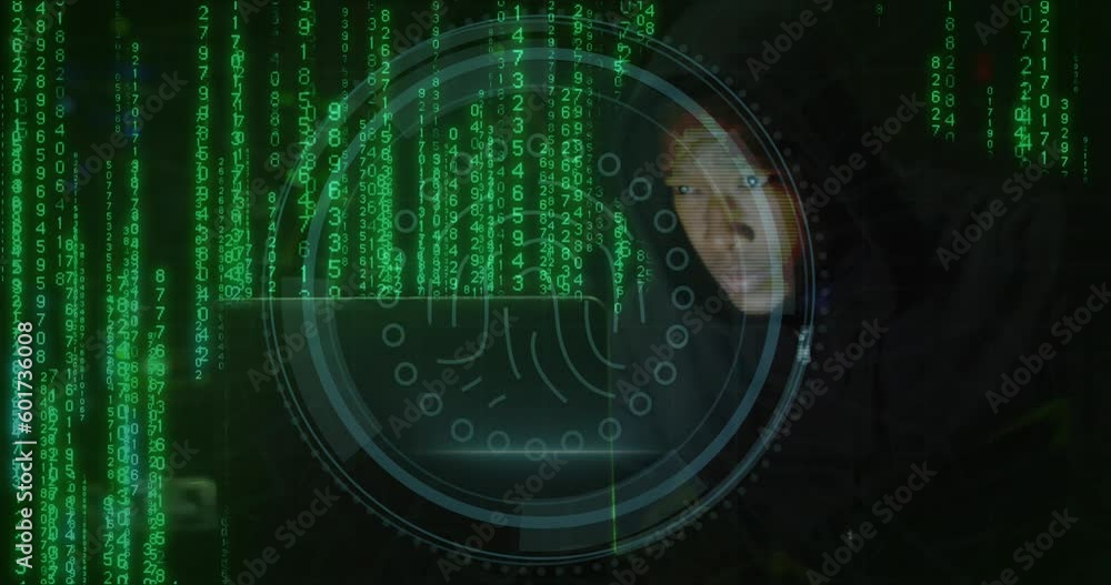 Animation of biometric print and binary coding over african american man using laptop Animation of biometric print and binary coding over african american man using laptop