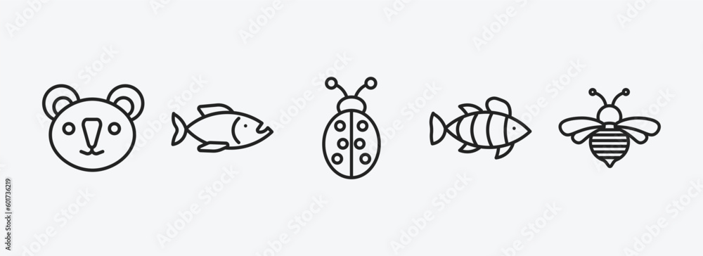 animals outline icons set. animals icons such as koala, piranha, ladybug, clown fish, bee vector. can be used web and mobile.