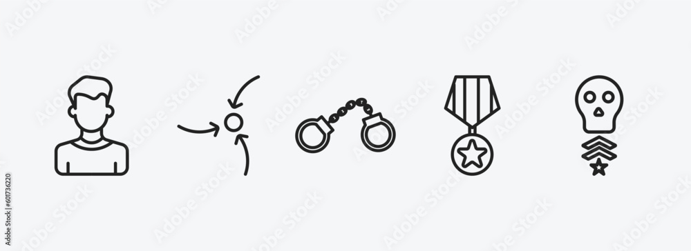 Fototapeta premium army and war outline icons set. army and war icons such as civilian, strategy, pair of handcuffs, condecoration, skull army vector. can be used web and mobile.