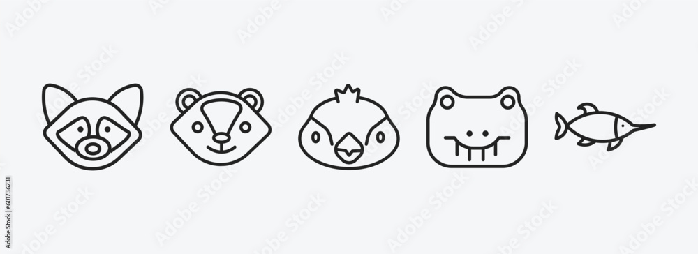 Fototapeta premium animals outline icons set. animals icons such as raccoon, skunk, sparrow, crocodile, swordfish vector. can be used web and mobile.