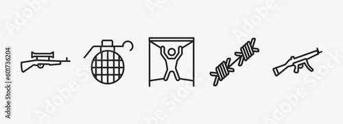 army and war outline icons set. army and war icons such as sniper rifle, granade, torture, barbed wire, automatic gun vector. can be used web and mobile.