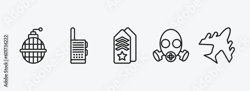 army and war outline icons set. army and war icons such as whizbang with rong, militar radio, shoulder strap, gas mask, plane vector. can be used web and mobile. photo