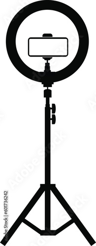 studio photo ring light icon. light for selfie sign. cutout Led ring lamp on tripod with smartphone. flat style.