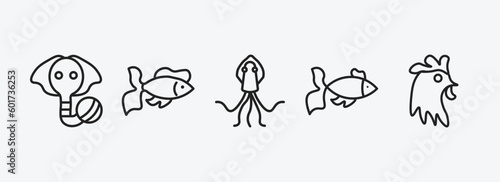 animals outline icons set. animals icons such as elephant on a ball  goldfish  squid  gold fish  cock vector. can be used web and mobile.