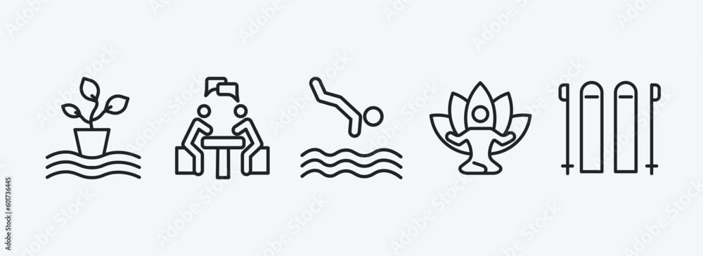 outdoor activities outline icons set. outdoor activities icons such as hydroponics, meeting with a friend, jumping to the water, yoga, skii vector. can be used web and mobile.