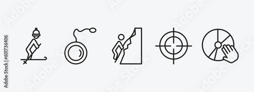 activity and hobbies outline icons set. activity and hobbies icons such as skiing, yoyo, rappelling, hunting, disc jockey vector. can be used web and mobile.