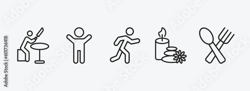 activity and hobbies outline icons set. activity and hobbies icons such as knife making, warming up, jogging, relaxing, eating vector. can be used web and mobile.