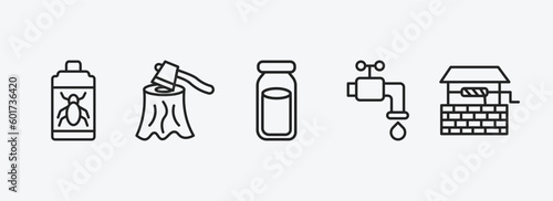 agriculture farming outline icons set. agriculture farming icons such as insecticide, wood chop, milk jar, faucet, water well vector. can be used web and mobile.