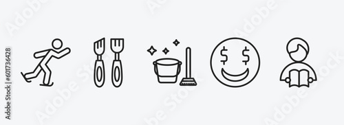 activity and hobbies outline icons set. activity and hobbies icons such as ice skating, wood carving, cleaning, greedy, boy reading vector. can be used web and mobile.