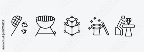 activity and hobbies outline icons set. activity and hobbies icons such as butterfly catcher, barbeque, modeling, magician, jewelry making vector. can be used web and mobile.