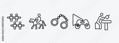 activity and hobbies outline icons set. activity and hobbies icons such as foosball, horse riding, arrest, game playing, lace making vector. can be used web and mobile.